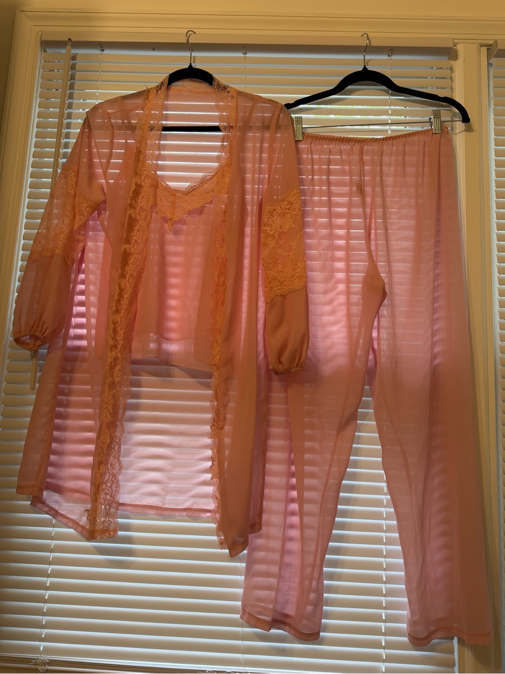 Sheer Pink Lace Trim Three-Piece Loungewear Set
